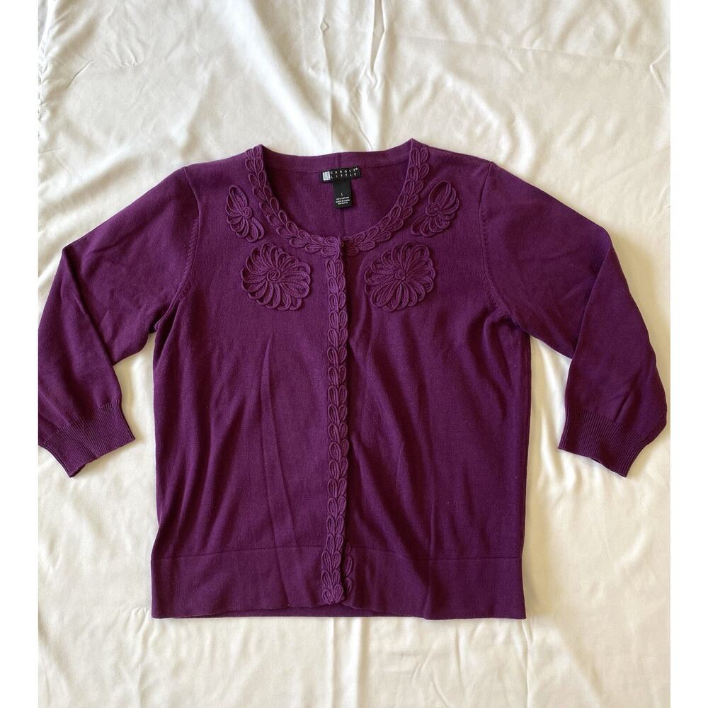 Carole Little Womens Purple Sweater Cardigan 100% Cotton Size L